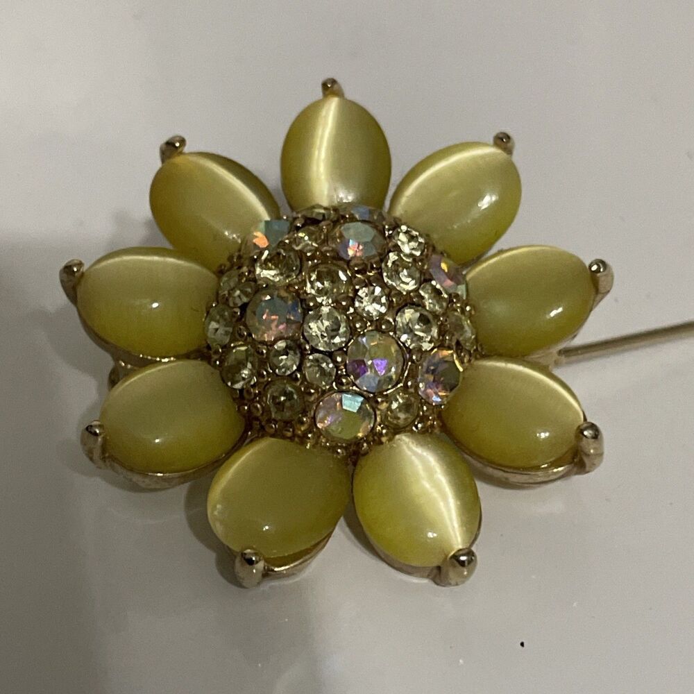 Monet yellow iridescent and white rhinestone flower brooch Pin Sunflower